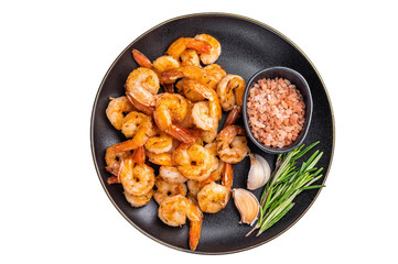 Appetizing grilled shrimp prawns served on a platter, perfect for elegant dinners or casual gatherings with friends. isolated on white background. top view
