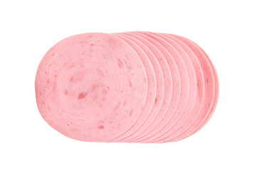 Perfectly stacked slices of pink mortadella or bologna, a classic cold cut, isolated on a clean white surface. © Mironov