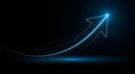 Abstract glowing blue arrow tracing an upward trajectory, symbolizing business growth, success, and positive financial trend on a black background.