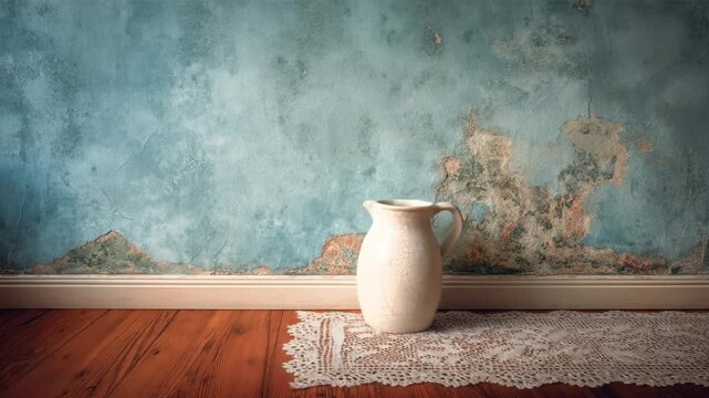 A cracked jug sits on a lace doily with a peeling blue wall and wooden floor in the background
