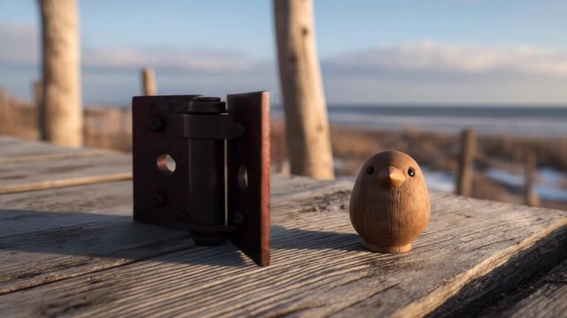 A weathered metal hinge and a small wooden bird sit on a wooden surface, with a blurred seascape