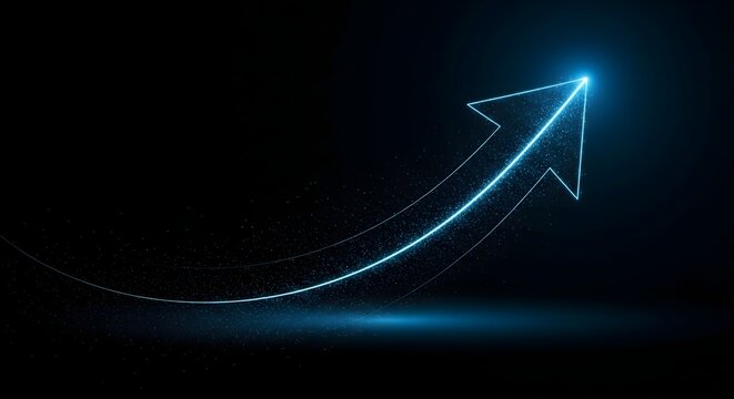 Abstract glowing blue arrow tracing an upward trajectory, symbolizing business growth, success, and positive financial trend on a black background.