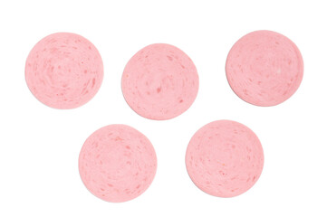 Perfectly stacked slices of pink mortadella or bologna, a classic cold cut, isolated on a clean white surface.