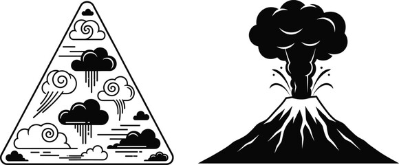 Volcano eruption vector, stylized clouds, triangle composition, smoke plume, ash burst, black illustration, natural disaster, dramatic design, weather element, graphic art © Ideasy Mind