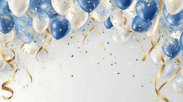 Blue and white balloons with gold confetti and ribbons image