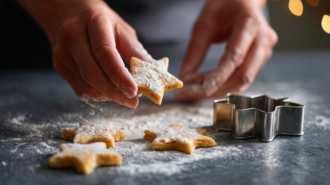 Hands holding freshly baked star-shaped cookies dusted with powdered sugar on a dark surface with cookie cutter nearby - Powered by Adobe