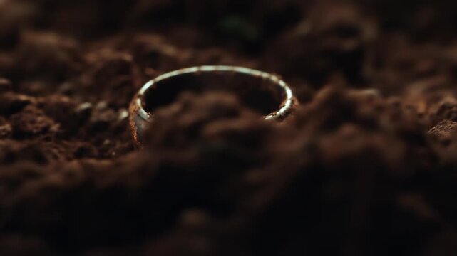 A ring, partially buried in soil, presents an abstract image of a metallic object