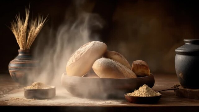Still life of rustic bread in a wooden bowl with flour, wheat, and a dark, moody atmosphere