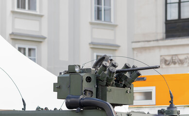 Close-up of an armed armored vehicle on a city site