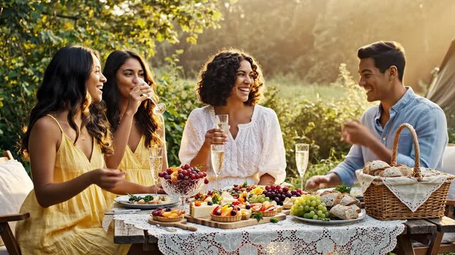 Friends enjoying a delightful outdoor picnic feast in the golden hour sunlight.