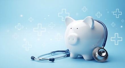 Piggy bank with stethoscope and plus signs on a light blue background