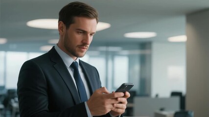 Professional businessman in suit using smartphone, standing in modern office environment. Concept of communication, technology, corporate work, and digital connectivity. - Powered by Adobe