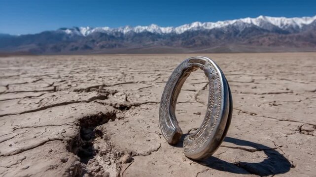 A metallic object stands on dry, cracked earth with mountains in the background under a blue sky