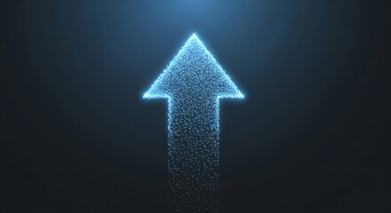Abstract glowing blue particle arrow moving upwards, symbolizing growth, direction, and success in a digital concept.