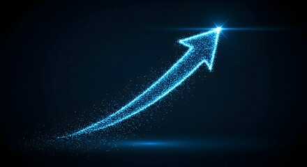 Abstract blue glowing particle arrow pointing up, representing growth, success, financial rise, and technology advancement on a dark background.