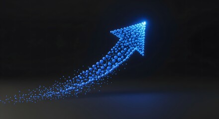 Abstract blue digital arrow composed of glowing particles moving upward on a dark background, representing progress, technology, and financial growth.