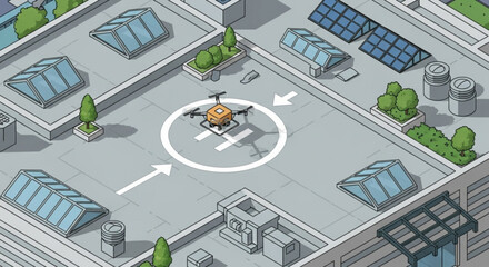 Isometric illustration of a drone landing on a rooftop helipad, surrounded by solar panels and greenery