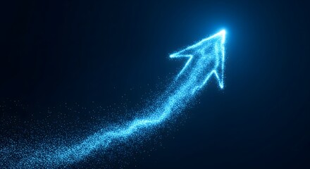 Glowing Blue Particle Arrow Moving Upward on Dark Background Symbolizing Success, Growth, and Digital Technology
