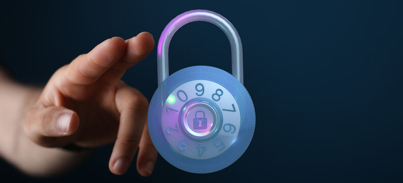 Secure connection concept. Hand interacting with a digital padlock, symbolizing online data protection, cybersecurity, and secure acc
