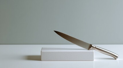 Sharp kitchen knife resting on a white cutting board in a modern kitchen setting