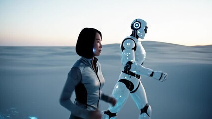 Human and humanoid robot running side by side, leaving a trail of glowing bioluminescent energy on a futuristic track at sunset, symbolizing advanced technology and artificial intelligence in sports - Powered by Adobe