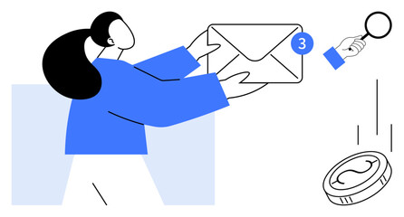 Woman holding envelope with notification badge, magnifying glass highlighting details, falling coin symbolizing value. Ideal for productivity, communication, organization, finance, email, analytics