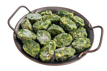 Close-up of frozen vegetable blocks, likely chopped spinach, showing ice crystals. Raw cooking ingredient for a healthy meal.