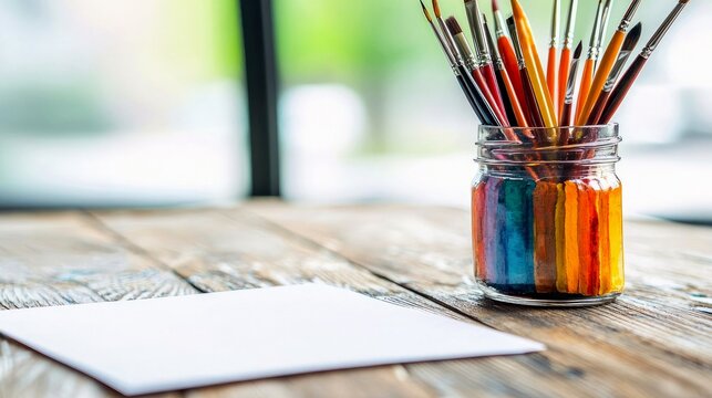 A collection of paintbrushes in a rainbow-decorated glass jar sits on a rustic wooden surface next to a blank sheet of paper. - Powered by Adobe