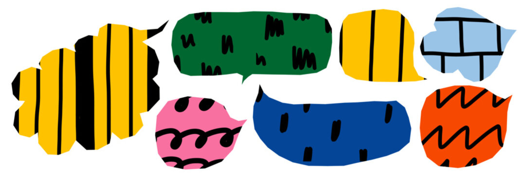 Cute round dialog bubbles with wavy lines and random textures. Paper-inspired shapes bring a playful and modern vibe. Great for creative scrapbooking and fun layouts