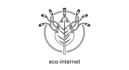 Black and white ecointernet logo with a leaf shape formed by network cables, , symbolizing green technology