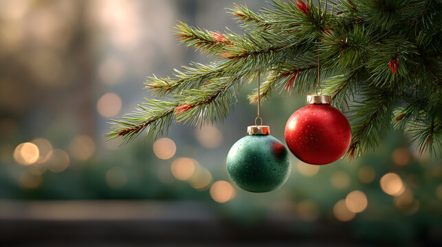 Red and Green Christmas Baubles Hanging on Pine Branch - Powered by Adobe