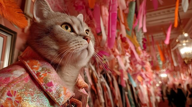 Scottish fold in a holographic blazer surrounded by colorful hanging streamers, crisp hall lighting and elegant framing