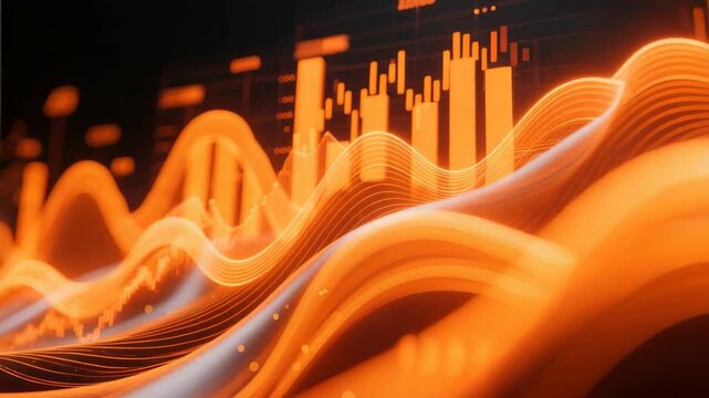 Dynamic glowing waves and bar charts representing analytics, digital finance, and big data. Modern technology concepts for business, fintech, and stock market analysis. - Powered by Adobe