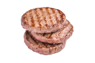 Juicy grilled meat patty cutlet with perfect grill marks, ideal for mouthwatering burgers and summer barbecues. isolated on white background. top view
