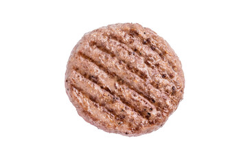 Juicy grilled meat patty cutlet with perfect grill marks, ideal for mouthwatering burgers and summer barbecues. isolated on white background. top view
