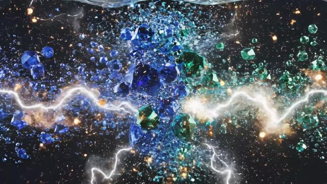 Abstract composition featuring vibrant blue and green crystal clusters growing from flowing liquid elements, presenting a striking contrast on a dark background