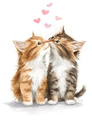 Cute watercolor kittens kissing with pink hearts, romantic cat couple illustration for Valentine’s Day, love greeting cards and adorable pet artwork