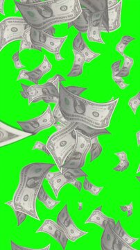 Money falling animation video. Floating dollar bills motion with cash rain effect on green screen background in vertical mobile format