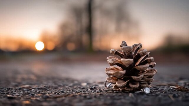 A close-up shot of a pine cone with the sun setting, on a gravelly surface
