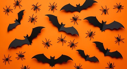 A festive halloween background with black paper bats and spiders scattered on a vibrant orange surface, creating a spooky and playful atmosphere