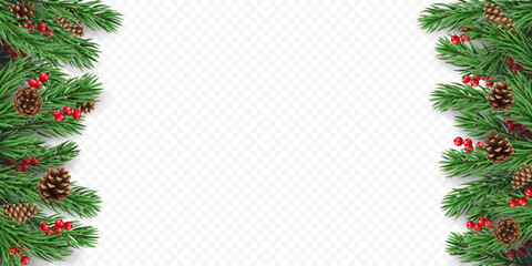 Vector frame with pine tree branches, cones and red berries, isolated on a transparent background. Holiday border fir tree branch for winter banner, poster, greeting card.