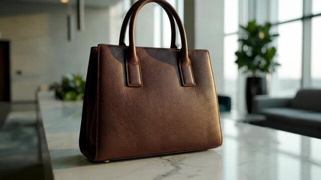 Brown leather handbag on a marble counter in bright sunlight.