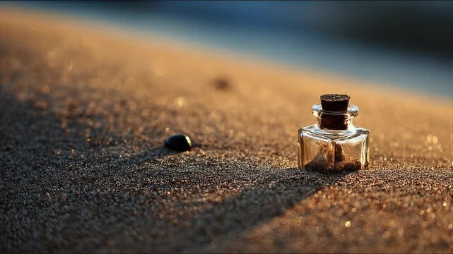 A small glass bottle with a cork stopper sits on a sandy surface, lit by warm sunlight