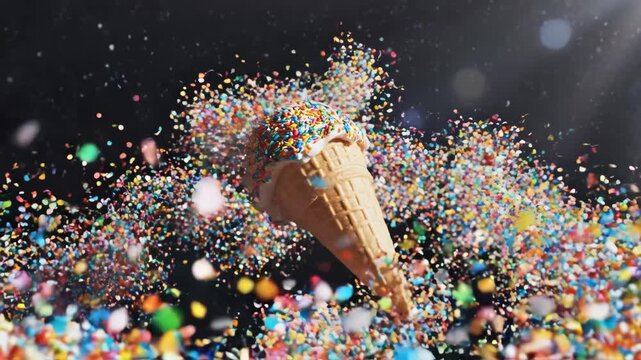 Ice cream cone with melting sweet sprinkles floating peacefully in the dark vastness of a cosmic space background, representing surreal dessert dreams and universal treats