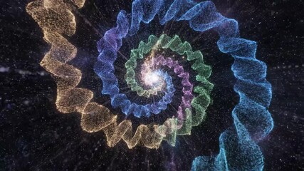 Abstract digital representation of a glowing genetic dna helix creating a spiral galaxy effect in a dark cosmic space, representing science, technology, and biotechnology concepts - Powered by Adobe