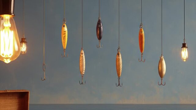 Several fishing lures hang with decorative light bulbs, near a wooden box, over a water horizon
