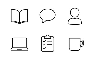 Minimalist line icons: book, speech bubble, person, laptop, checklist, mug