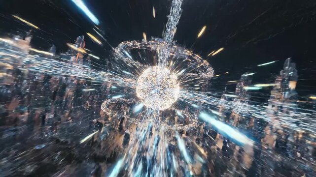 Futuristic city structures glowing with blue and purple lights expanding rapidly into digital space, symbolizing advanced technology, global network connection, and hyperspeed travel