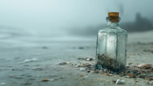 A clear glass bottle with a cork stopper containing sand and shells rests on a sandy beach