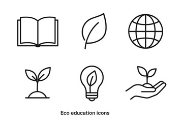 Eco education icons: book, leaf, globe, plant, bulb, hand outline